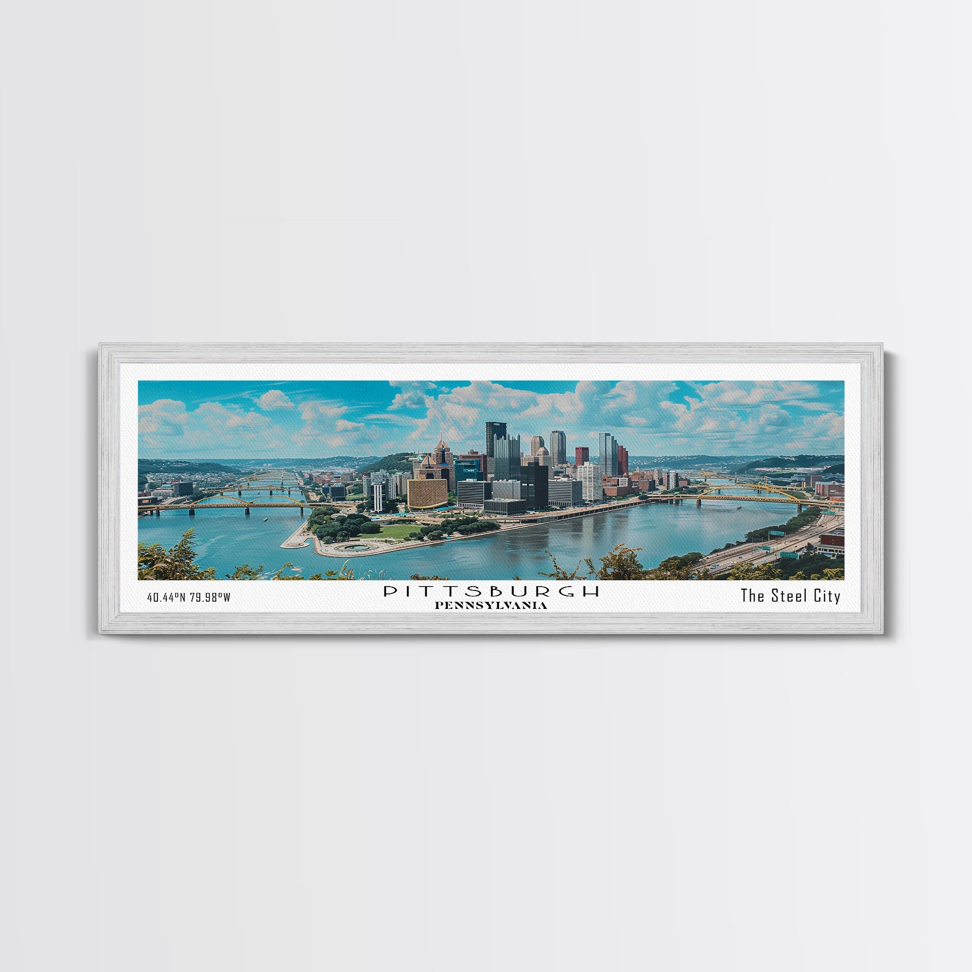 Pittsburgh Pennsylvania Panoramic Painting, Framed Canvas Print, Beautiful Cityscape Watercolor Art, Travel Poster, Modern Home Decor