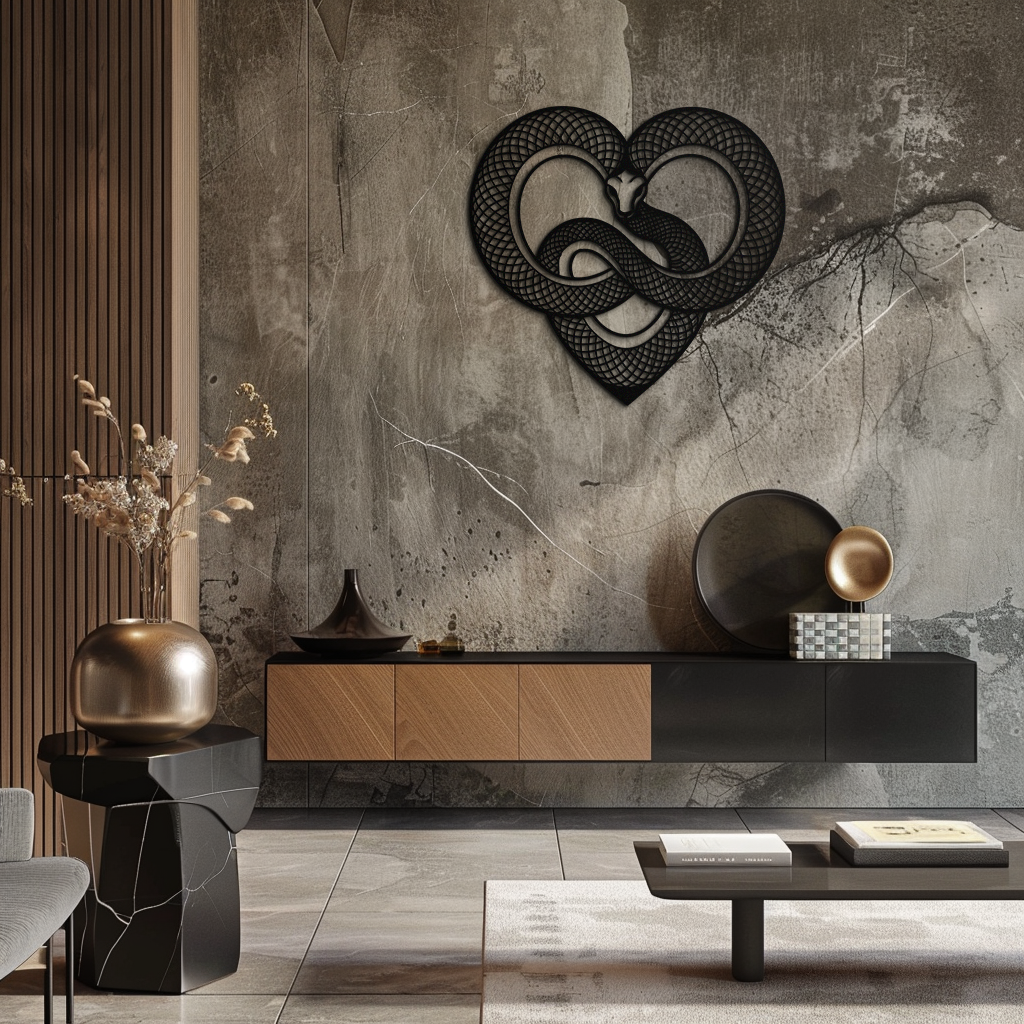 Snake Heart Metal Wall Art – Modern Black Snake Wall Decor for Home and Office- KAF555