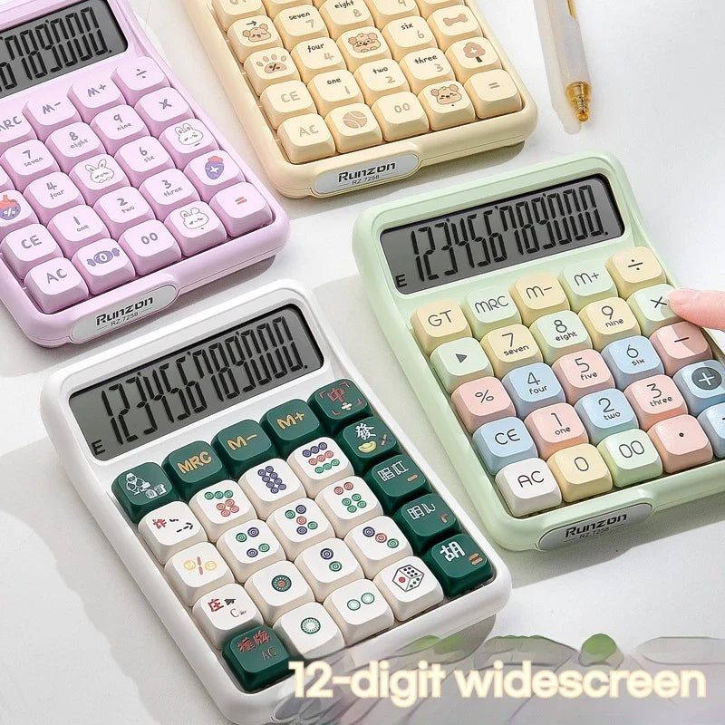 Cute 12-Digit Multifunctional Electronic Calculator with Mechanical Buttons, Battery-Powered for Home Office School Accounting